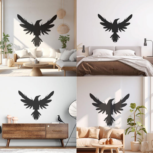 Sticker mural en vinyle représentant un corbeau noir aux ailes et plumes en vol, inspiré de la culture du tatouage