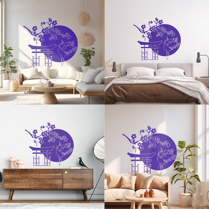 Wall Decals Japanese Bird Stork Tree Sakura Branch Oriental Personalized Customization