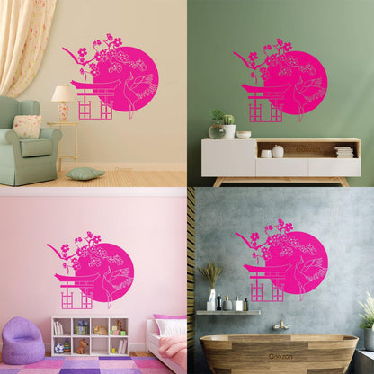 Wall Decals Japanese Bird Stork Tree Sakura Branch Oriental Personalized Customization