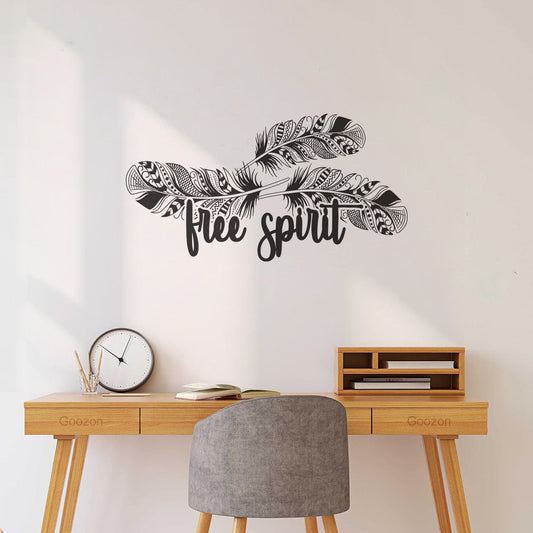 Sticker mural en vinyle avec inscription « Esprit libre », motif ethnique, plumes d'oiseaux, décoration de magasin