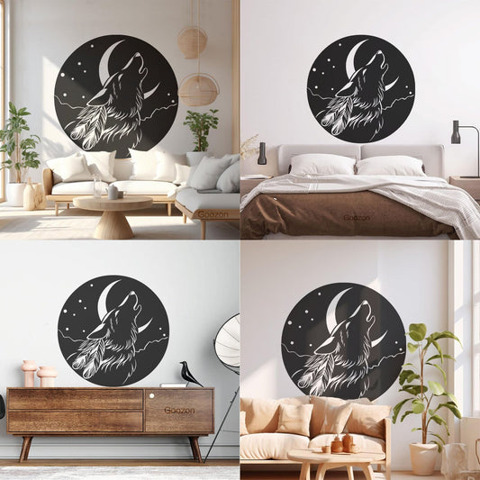Stickers muraux en vinyle abstraits Lune hurlante Tête de loup Plumes Sélection multicolore