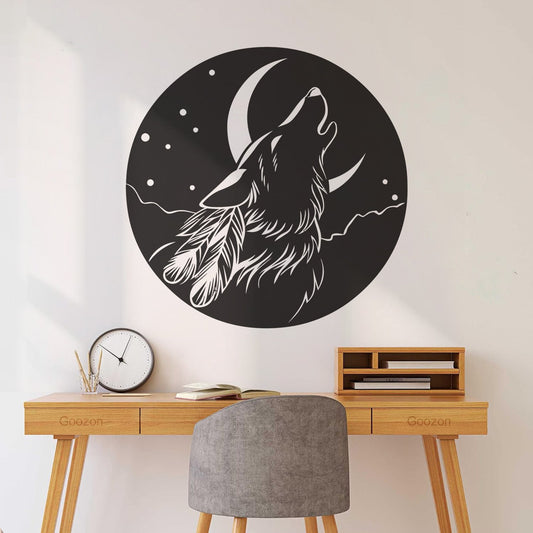Stickers muraux en vinyle abstraits Lune hurlante Tête de loup Plumes Sélection multicolore