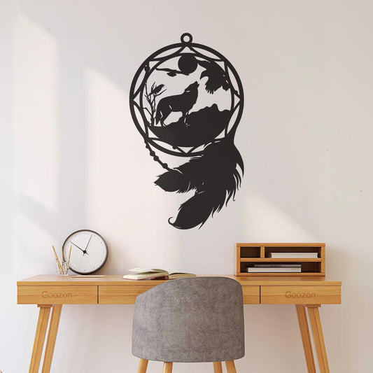 Sticker mural en vinyle Dream¶óatcher Loup Oiseaux Plumes Animal avec kit de film de transfert