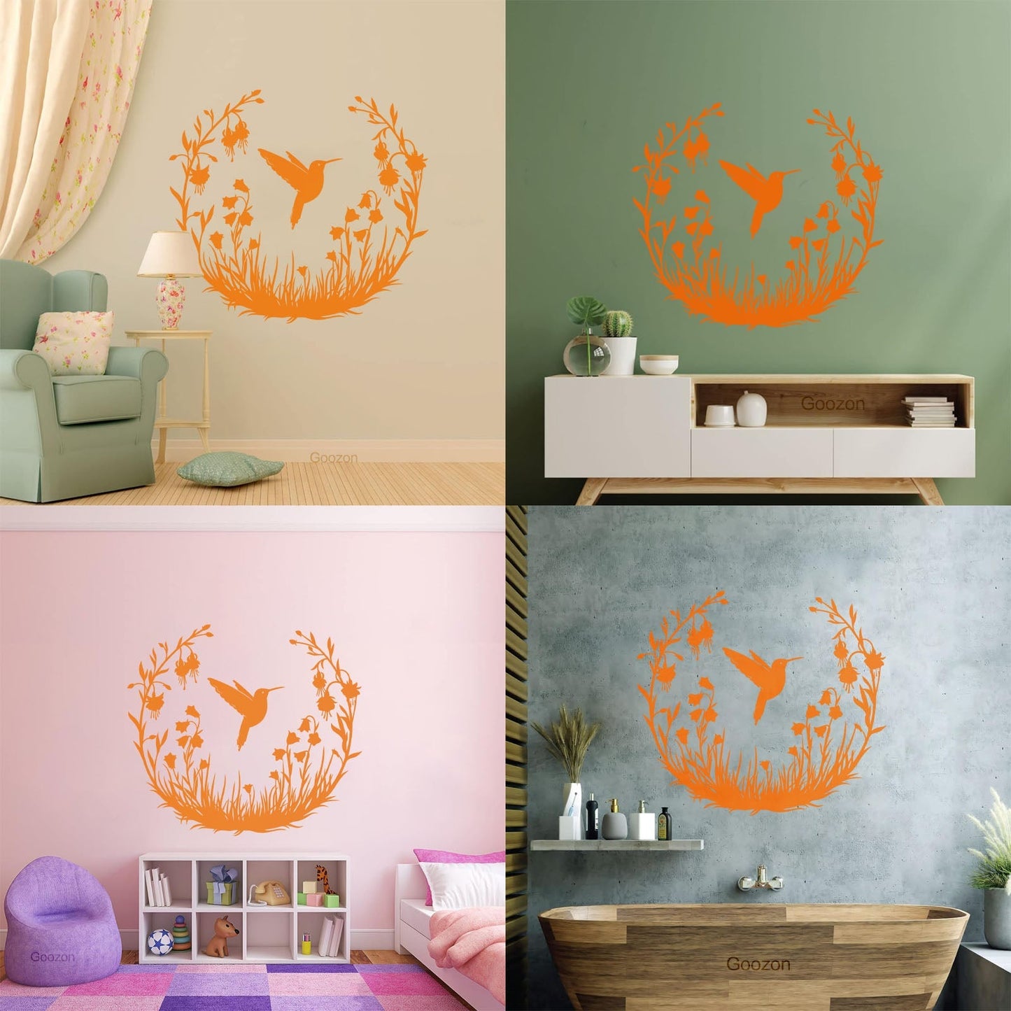 Vinyl Wall Stickers Hummingbird With Flowers Natural Flying Bird Circle Can Modify And Add Information