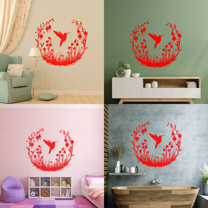 Vinyl Wall Stickers Hummingbird With Flowers Natural Flying Bird Circle Can Modify And Add Information