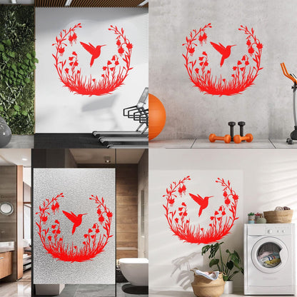 Vinyl Wall Stickers Hummingbird With Flowers Natural Flying Bird Circle Can Modify And Add Information