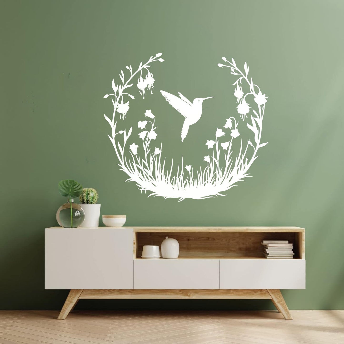 Vinyl Wall Stickers Hummingbird With Flowers Natural Flying Bird Circle Can Modify And Add Information