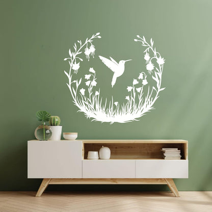 Vinyl Wall Stickers Hummingbird With Flowers Natural Flying Bird Circle Can Modify And Add Information
