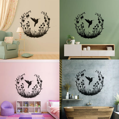 Vinyl Wall Stickers Hummingbird With Flowers Natural Flying Bird Circle Can Modify And Add Information