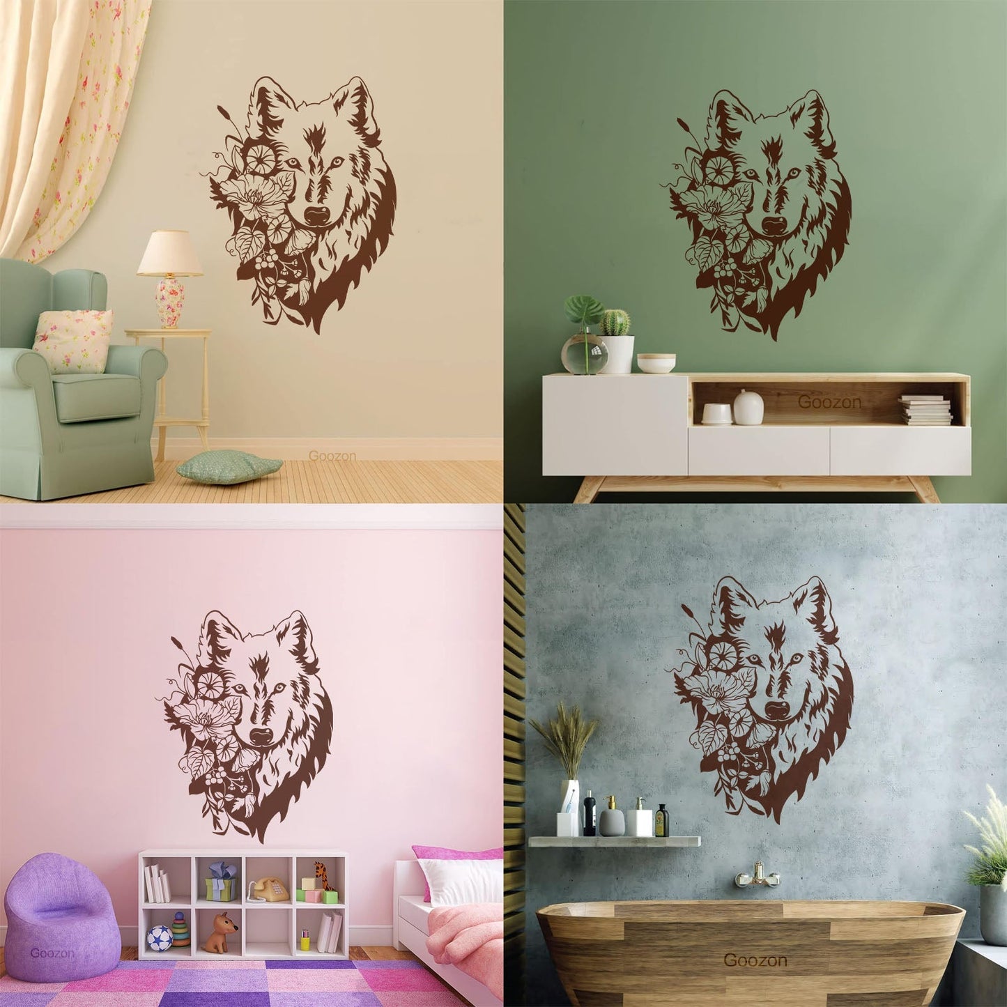 Wall Decals Pvc Flowers Floral Head Portrait Tribal Wolf Equipped With Transfer Film Kit