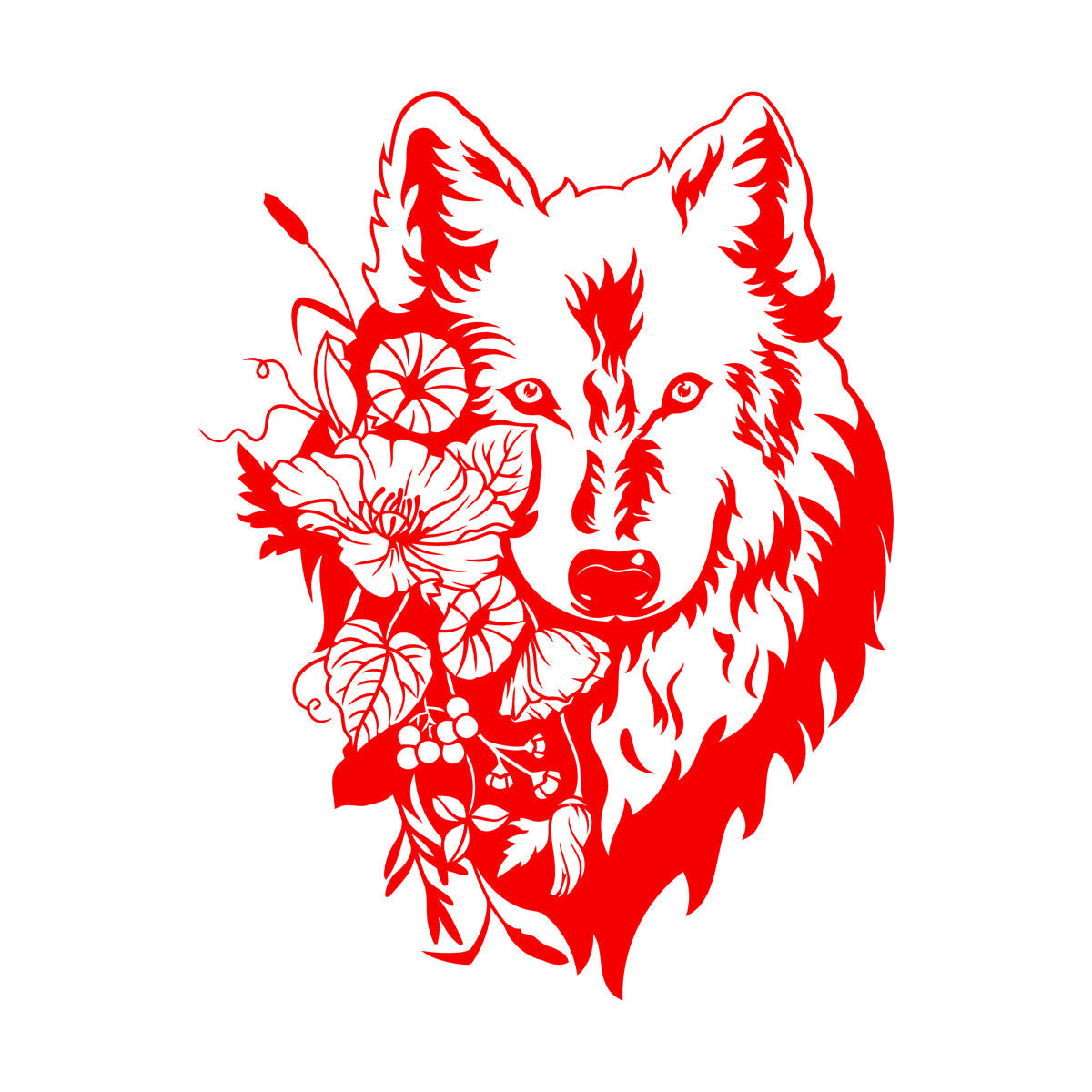Wall Decals Pvc Flowers Floral Head Portrait Tribal Wolf Equipped With Transfer Film Kit