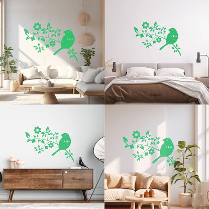 Bird Branch Natural Flowers Leaves Wall Decals Pvc Self Adhesive