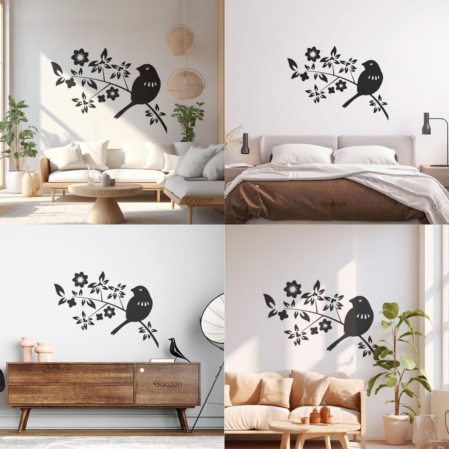 Bird Branch Natural Flowers Leaves Wall Decals Pvc Self Adhesive