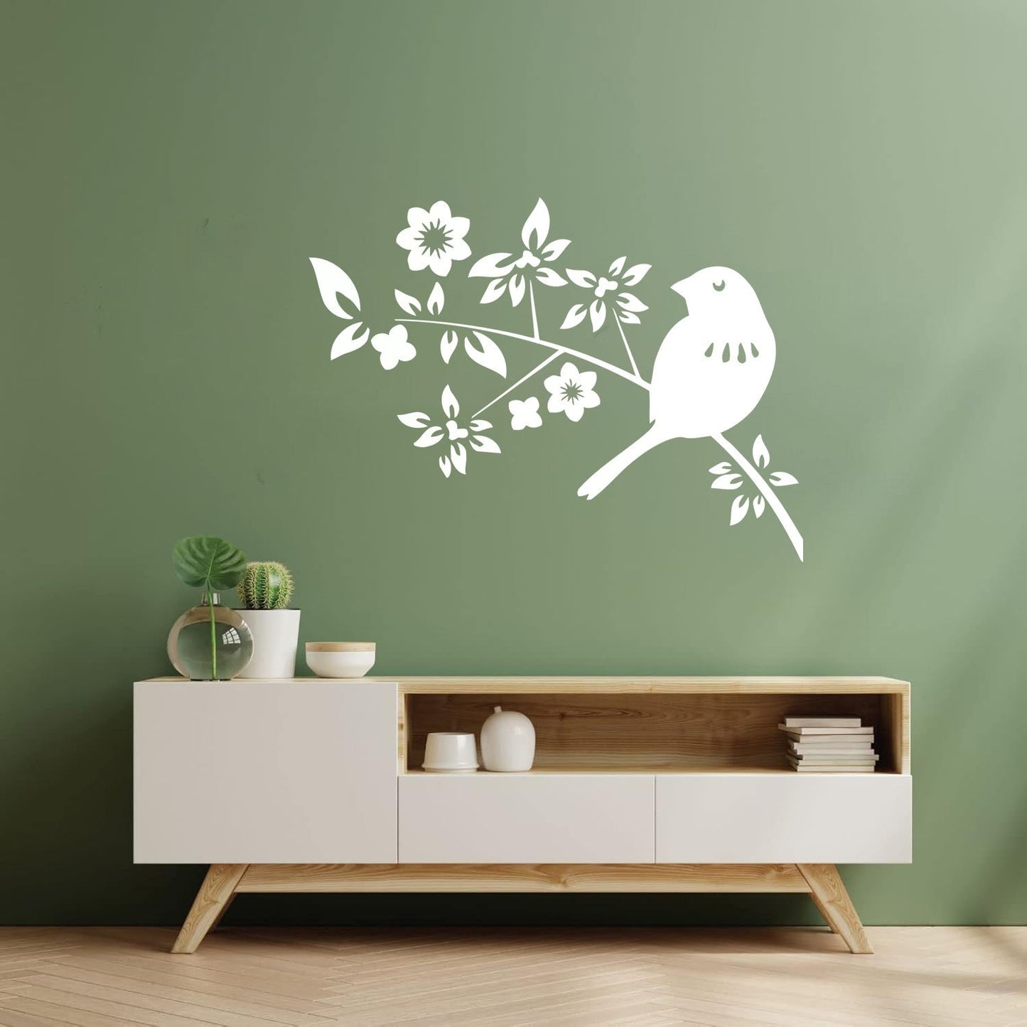 Bird Branch Natural Flowers Leaves Wall Decals Pvc Self Adhesive