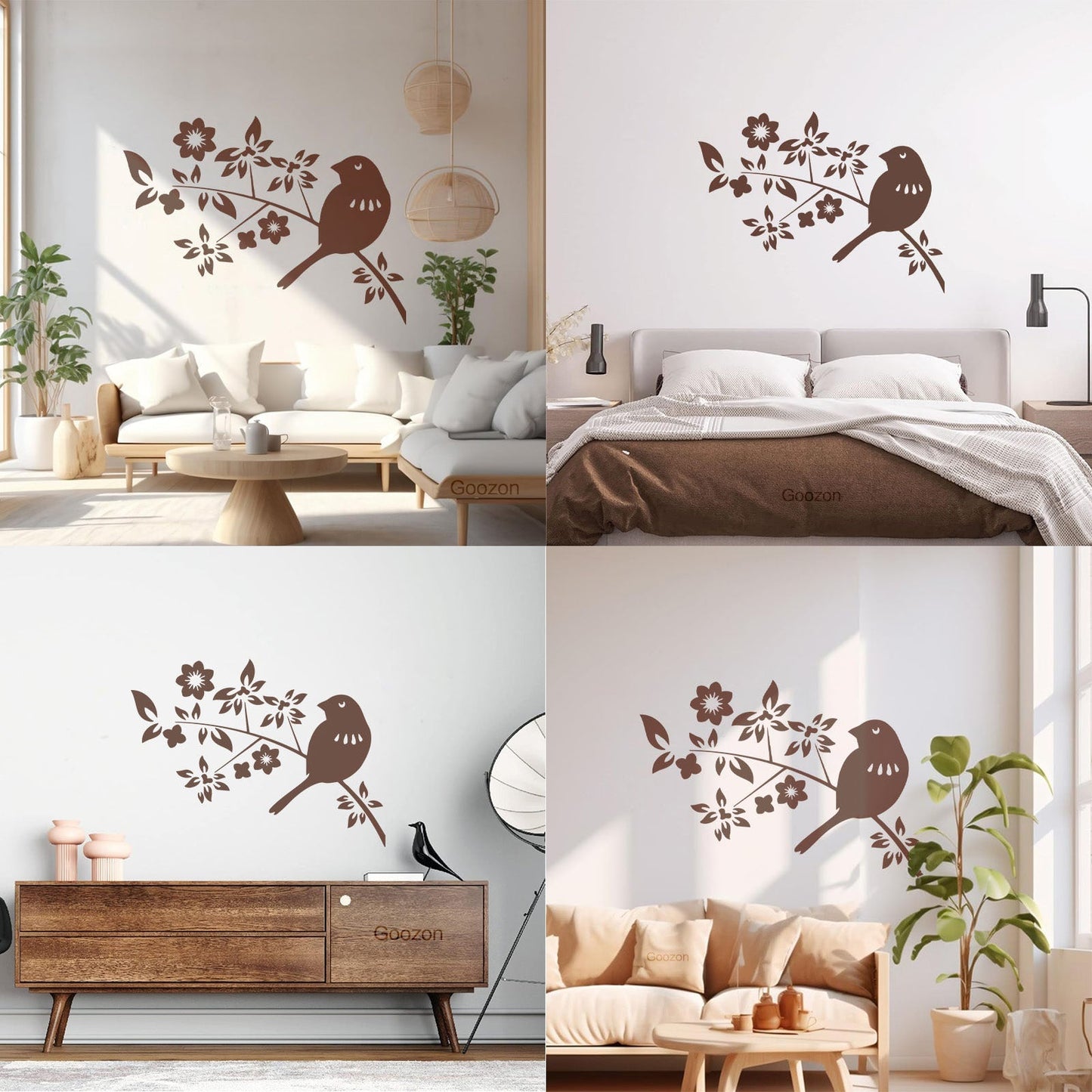 Bird Branch Natural Flowers Leaves Wall Decals Pvc Self Adhesive
