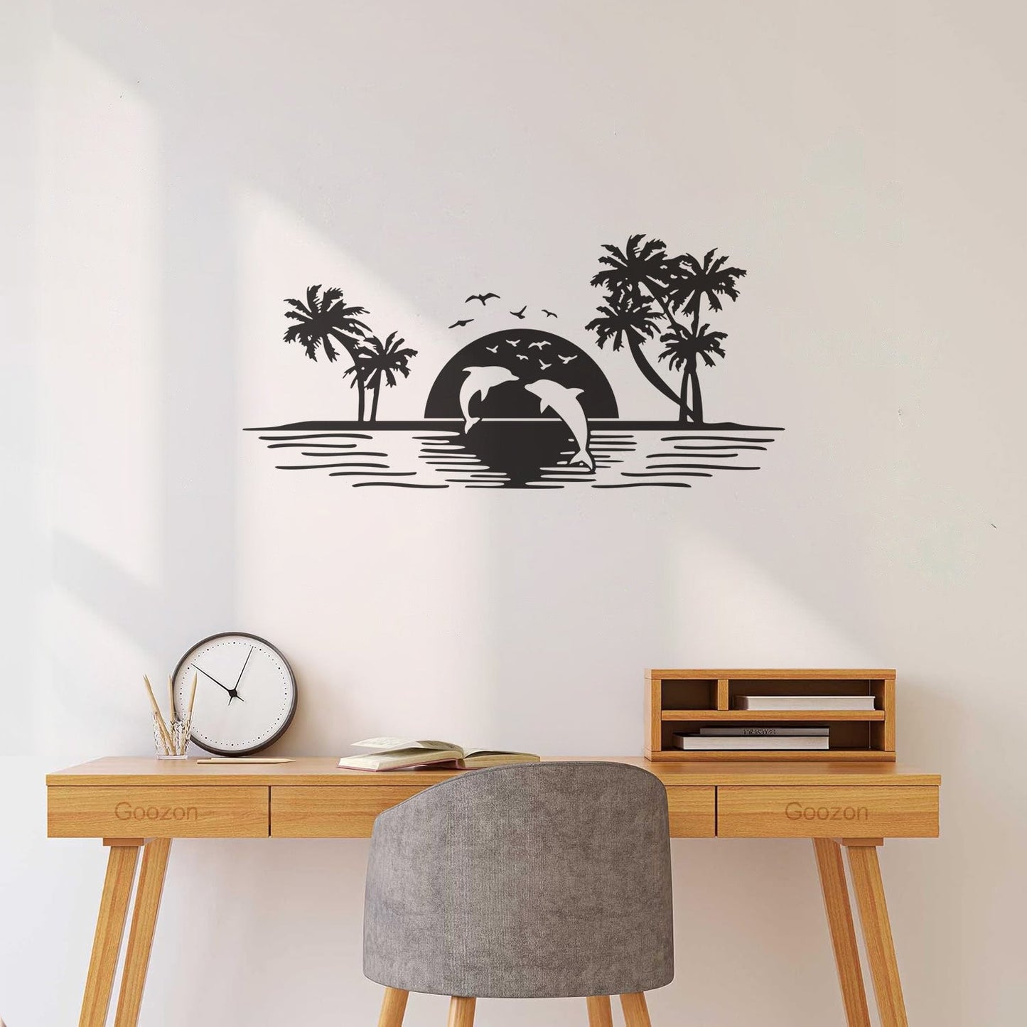 Fine Carving Stickers Camper Van Rv Skyline Dolphin Rv Palm Trees Fish Ocean Sun Landscape Glass Stickers