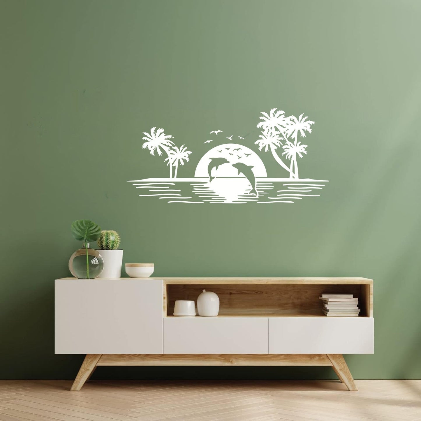 Fine Carving Stickers Camper Van Rv Skyline Dolphin Rv Palm Trees Fish Ocean Sun Landscape Glass Stickers
