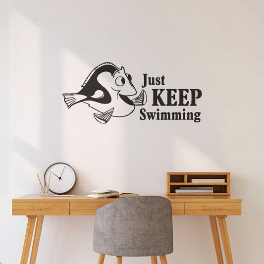 Sticker mural décoratif en vinyle : Poissons de dessin animé « Continue de nager », citations inspirantes pour chambre d'enfant. Ne pas abîmer les murs.