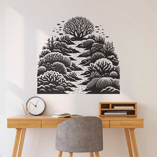 Engraving Decals Stylized Coral Reef Ecosystem Depicting A Tree-Like School Of Fish Equipped With Transfer Film Kit
