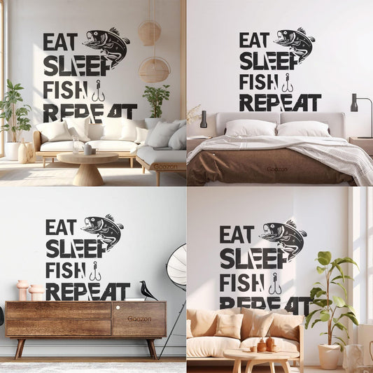 Wall Decals Paster Paper Eat Sleep Fish Repeat Typography Graphic Multi Color Selection
