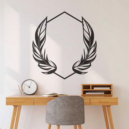 Vinyl Wall Stickers Elegant And Featuring Stylized Feathers Flanking A Geometric Hexagonal Frame Ideal Store Decoration