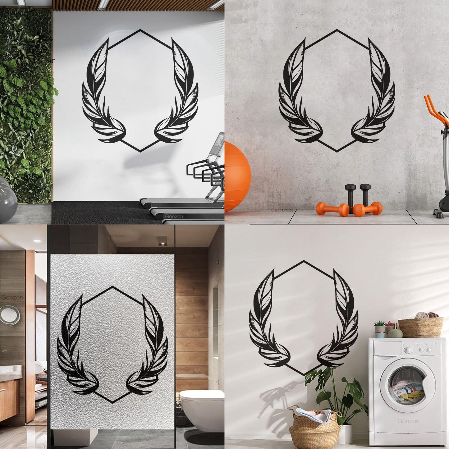 Vinyl Wall Stickers Elegant And Featuring Stylized Feathers Flanking A Geometric Hexagonal Frame Ideal Store Decoration