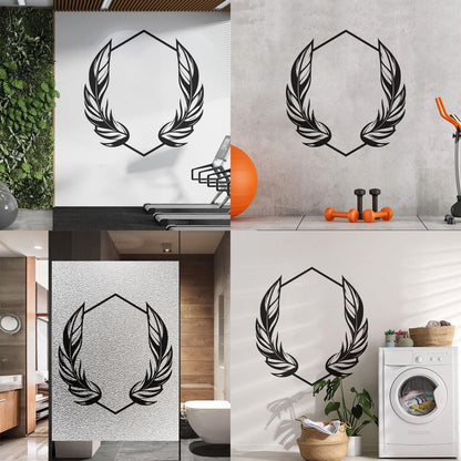 Vinyl Wall Stickers Elegant And Featuring Stylized Feathers Flanking A Geometric Hexagonal Frame Ideal Store Decoration