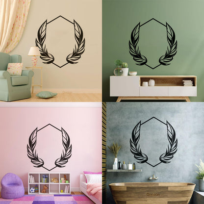 Vinyl Wall Stickers Elegant And Featuring Stylized Feathers Flanking A Geometric Hexagonal Frame Ideal Store Decoration