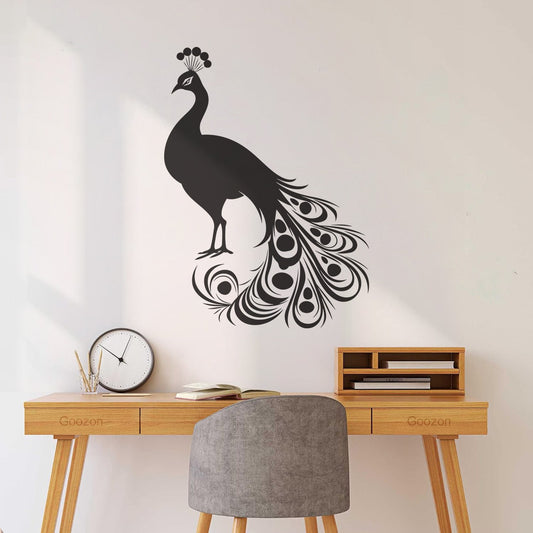 Stickers muraux élégants en papier adhésif représentant la silhouette d'un paon aux plumes déployées, pour la décoration de magasins.