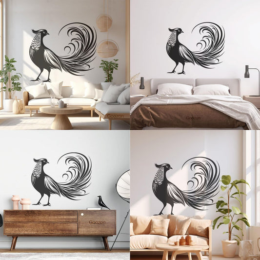 Stickers muraux élégants représentant un oiseau exotique aux plumes de queue déployées, au design artistique. N'abîment pas les murs.