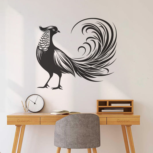 Stickers muraux élégants représentant un oiseau exotique aux plumes de queue déployées, au design artistique. N'abîment pas les murs.