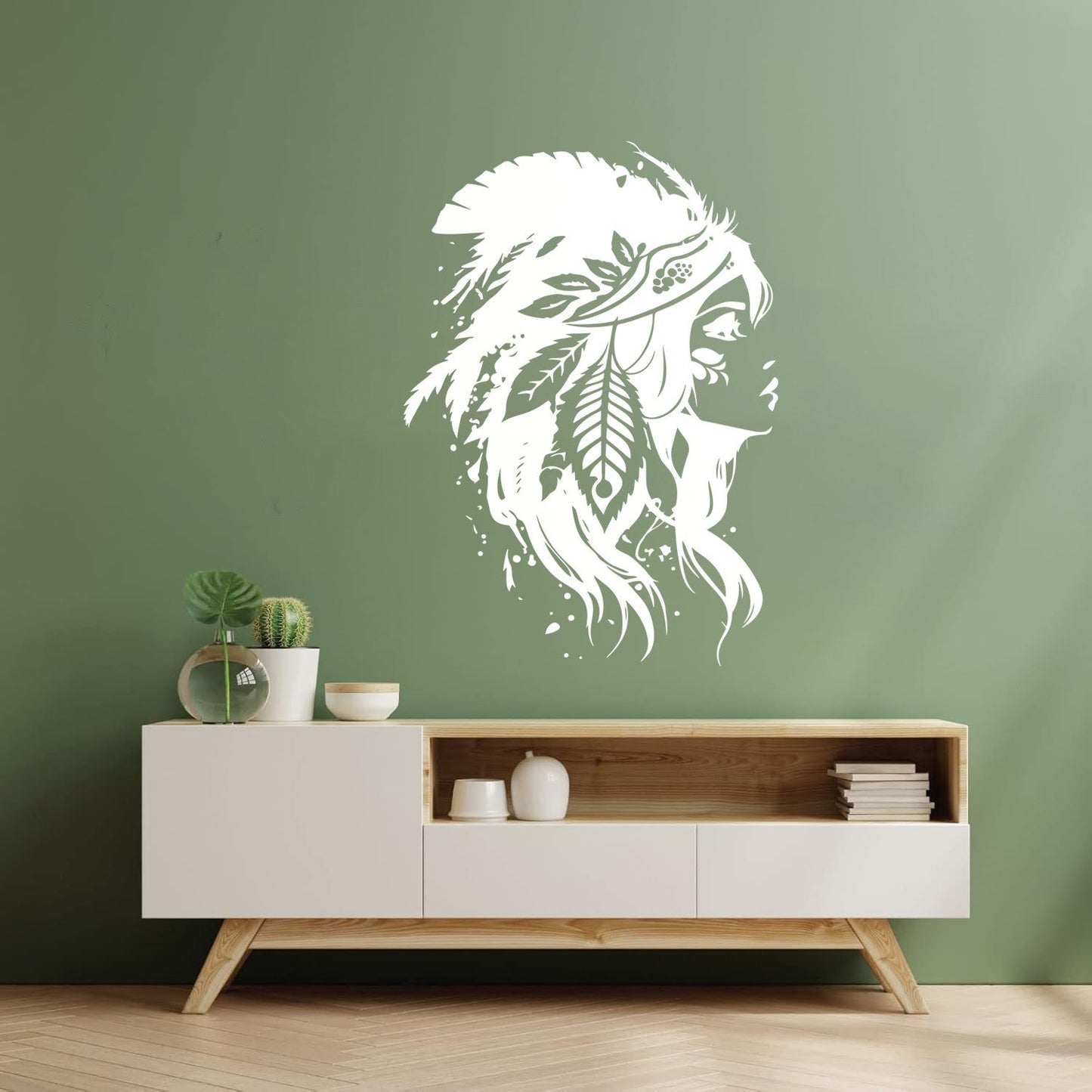 Vinyl Wall Stickers Elegant Indian Women Wearing A Traditional Headdress And Feathers Perfect Store Decoration