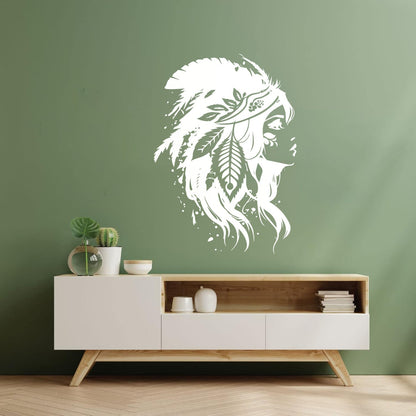Vinyl Wall Stickers Elegant Indian Women Wearing A Traditional Headdress And Feathers Perfect Store Decoration
