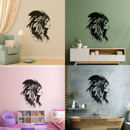 Vinyl Wall Stickers Elegant Indian Women Wearing A Traditional Headdress And Feathers Perfect Store Decoration