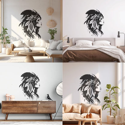 Vinyl Wall Stickers Elegant Indian Women Wearing A Traditional Headdress And Feathers Perfect Store Decoration