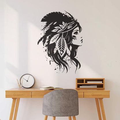 Vinyl Wall Stickers Elegant Indian Women Wearing A Traditional Headdress And Feathers Perfect Store Decoration