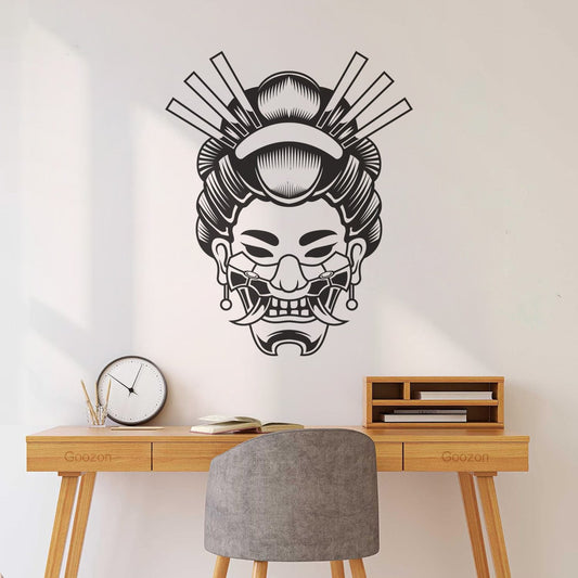 Wall Decals Pvc Geisha With Hanya Mask And Samurai Warrior Logo Vintage Window Decals