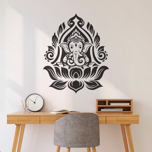 Mural And Wall Vinyl Decal Hindu God Ganesh With Elephant Head And Lotus Motif Equipped With Transfer Film Kit