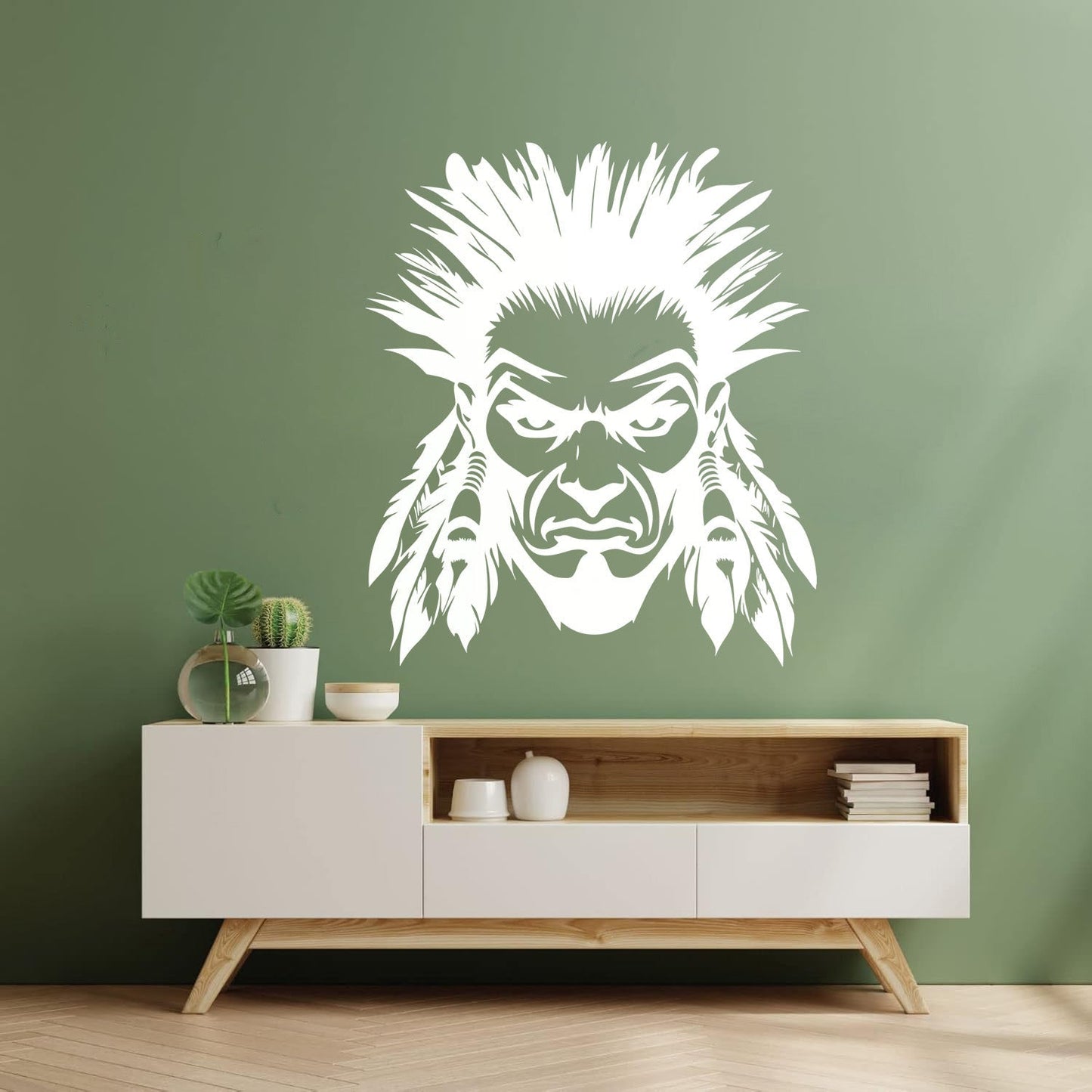 Lettering Stickers Intense Warrior Face With Feathers Bold Native American'Tribal Art Design Car Body Decoration