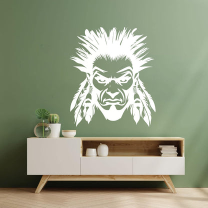 Lettering Stickers Intense Warrior Face With Feathers Bold Native American'Tribal Art Design Car Body Decoration
