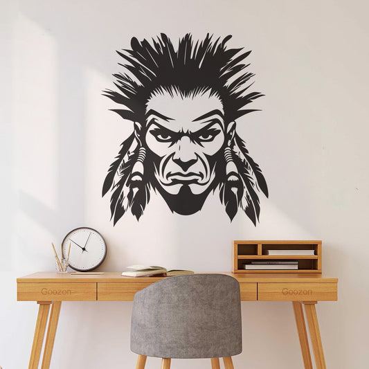 Autocollants lettrage visage de guerrier intense avec plumes, style art tribal amérindien audacieux, décoration de carrosserie de voiture