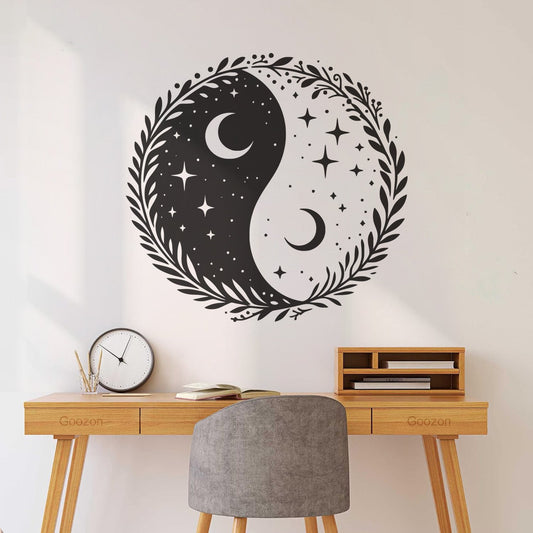 Wall Decals Paster Paper Intricate Yinyang With Crescent Moons Stars And A Botanical Wreath Wall Beautification