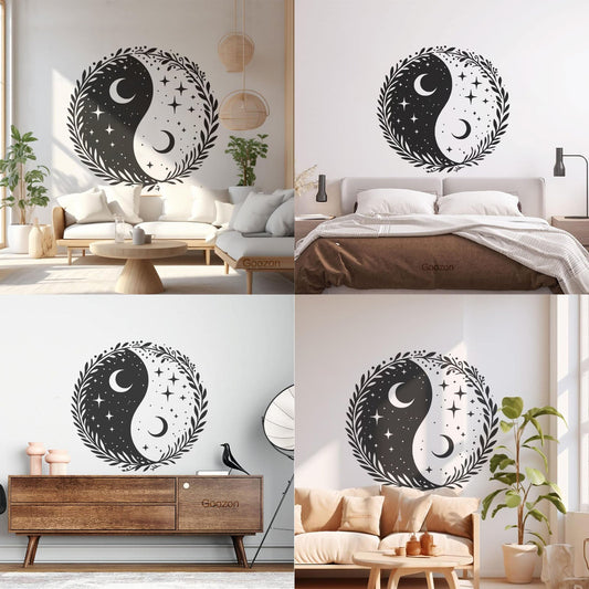 Wall Decals Paster Paper Intricate Yinyang With Crescent Moons Stars And A Botanical Wreath Wall Beautification