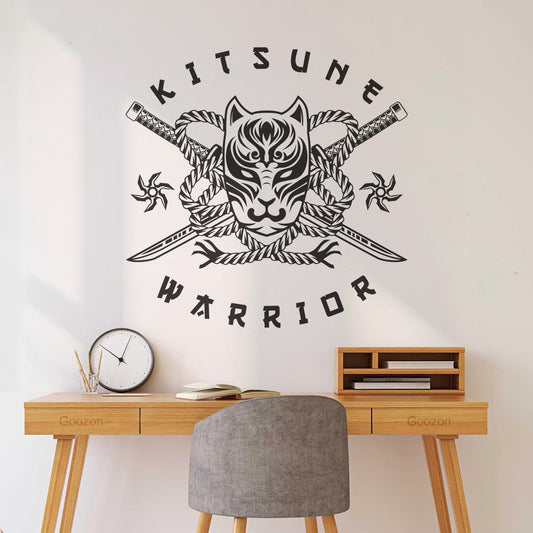 Wall Stickers Paster Paper Kit'Sune Cross Samurai Shuriken Head Japanesee Wolf Logo In Vintage Style And Multiple Size Options