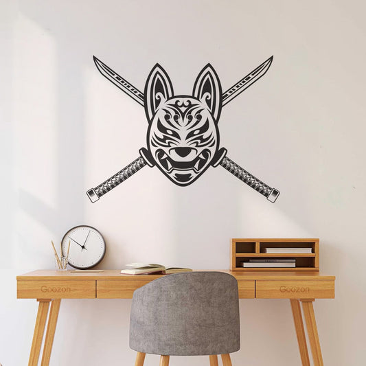 Fine Carving Stickers Kit'Sune Head And Cross Katana Samurai And It Won'T Fall Off