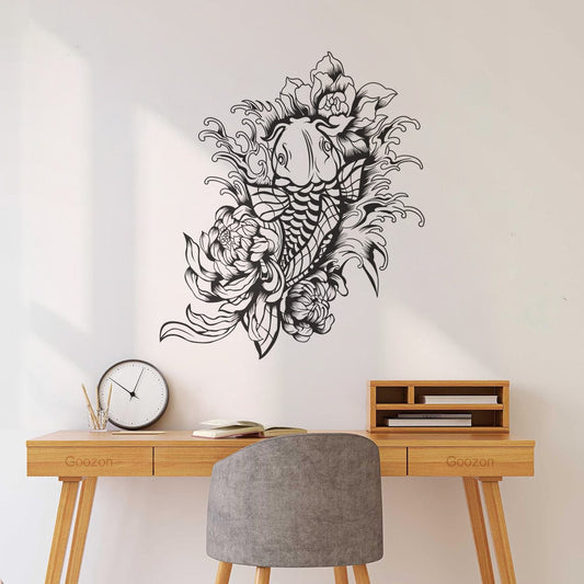 Engraving Decals Koi Fish With Chrysanthemum Flower Do Not Damage The Wall Surface