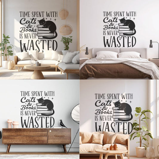 Vinyl Wall Stickers Book Management Quotes: Time Spent With Cats And Books Is Never Wasted Multiple Size Options