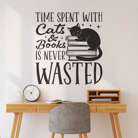 Vinyl Wall Stickers Book Management Quotes: Time Spent With Cats And Books Is Never Wasted Multiple Size Options
